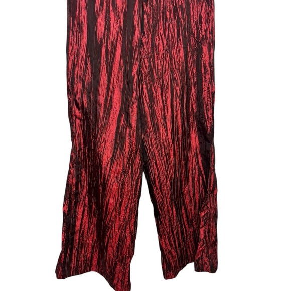 Izayla Wide Leg Short Sleeve Red Black Button Front Crinkle Tie Front Jumpsuit S - Picture 9 of 16